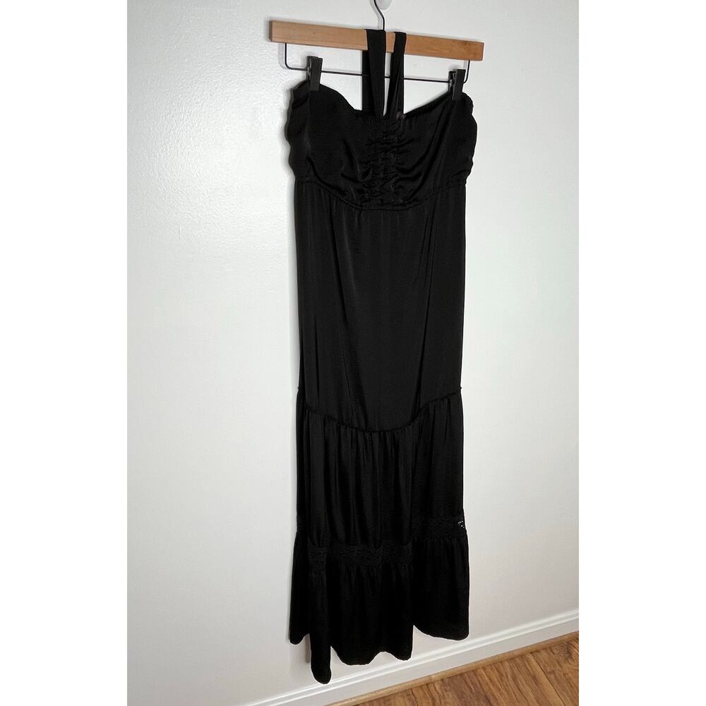 Hale Bob Halter Maxi Dress Small Black Satin Tiered Crochet Detail Smocked - Picture 2 of 6